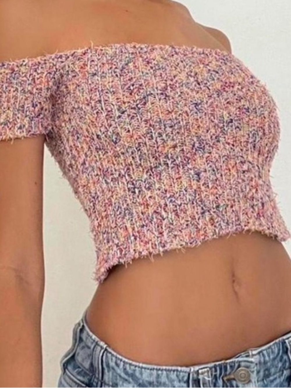 Kimchi Blue Knit Off-The-Shoulder Crop Top Purple Orange Pink Multi-Colored Sz L